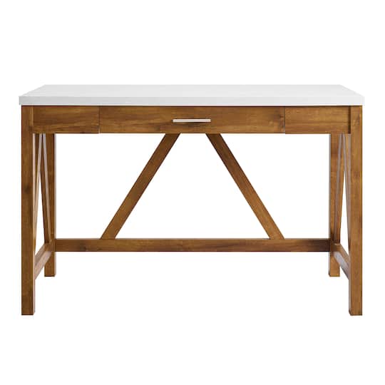 Walker Edison 46" Natural Walnut/Faux White Marble A Frame Wood Computer Desk with Drawer